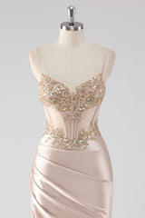 Glitzerndes Champagner Korsett Applikationen Ballkleid mit Schlitz