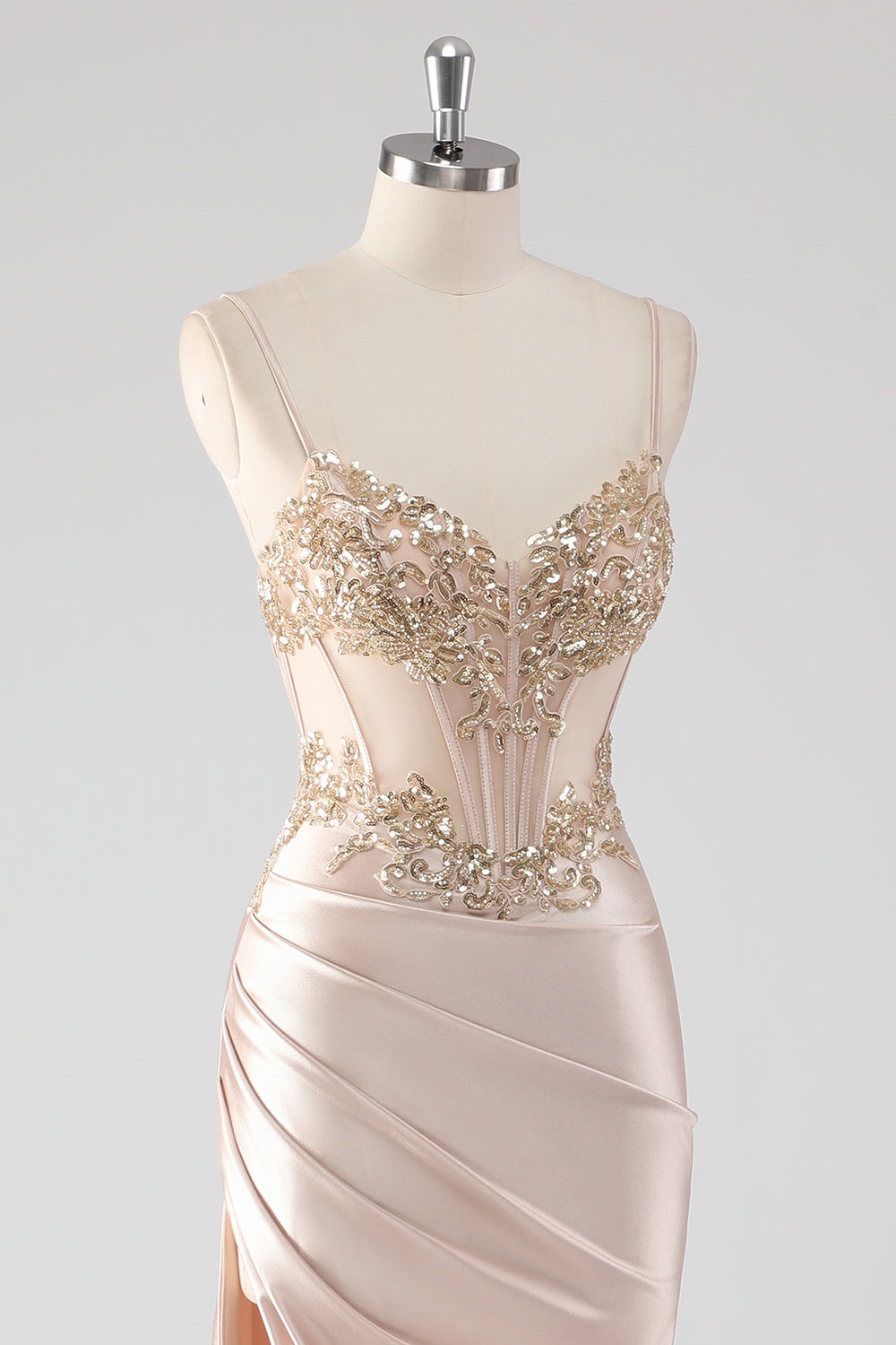Glitzerndes Champagner Korsett Applikationen Ballkleid mit Schlitz