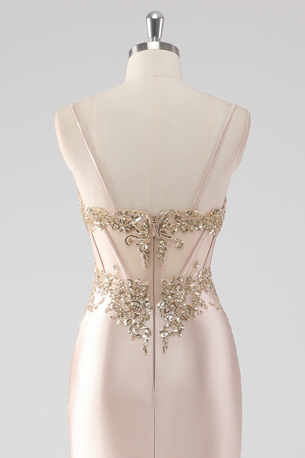 Glitzerndes Champagner Korsett Applikationen Ballkleid mit Schlitz