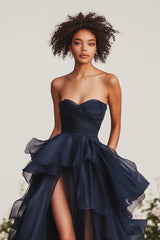 A Linie Herzausschnitt Marineblaues Ballkleid mit Rüschen und Schlitz