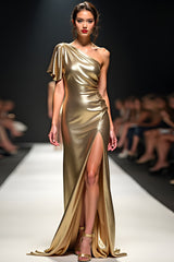 Goldenes Etui Eine Schulter Ballkleid mit Flatterärmeln und Schlitz