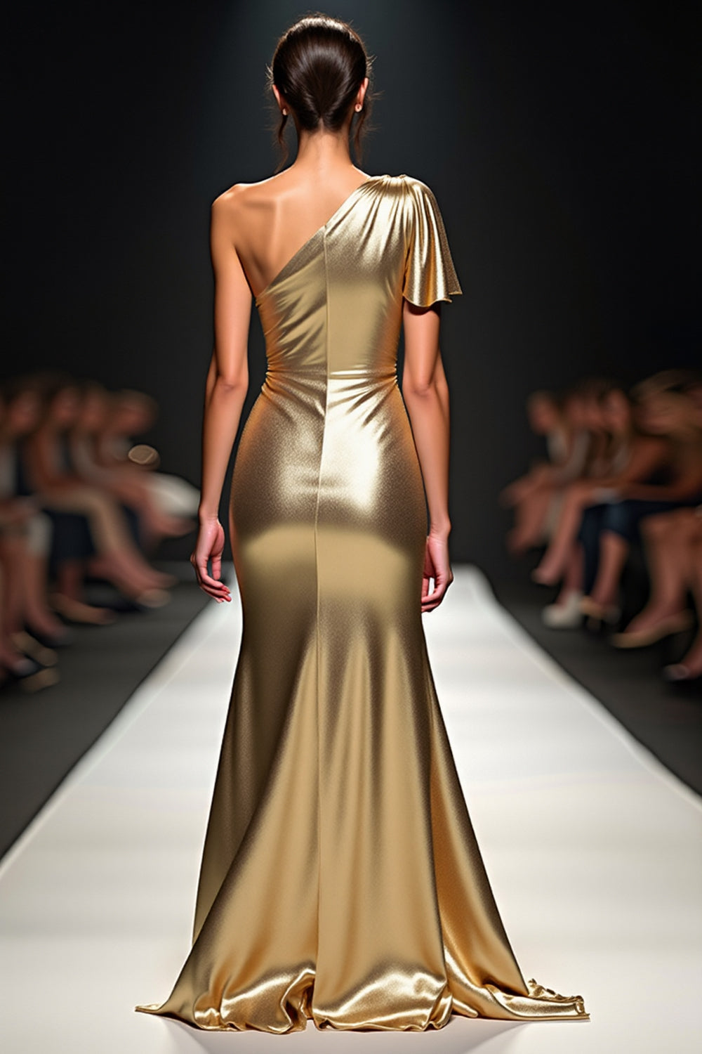 Goldenes Etui Eine Schulter Ballkleid mit Flatterärmeln und Schlitz
