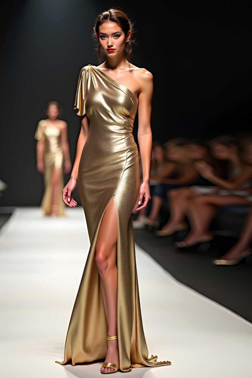 Goldenes Etui Eine Schulter Ballkleid mit Flatterärmeln und Schlitz