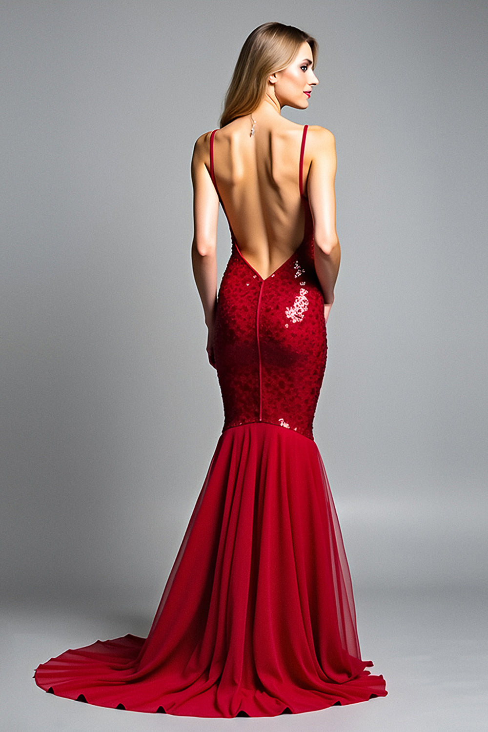 Meerjungfrau Rotes Spaghettiträger Pailletten Ballkleid mit V-Ausschnitt