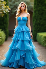 A Linie Blau Herzausschnitt Gestuftes Ballkleid mit Rüschen