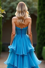 A Linie Blau Herzausschnitt Gestuftes Ballkleid mit Rüschen