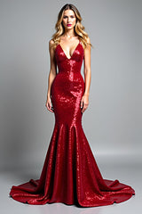 Rotes Meerjungfrau Spaghettiträger Pailletten Ballkleid