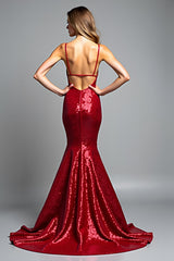 Rotes Meerjungfrau Spaghettiträger Pailletten Ballkleid
