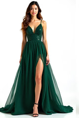 A Linie Dunkelgrünes Spaghettiträger Langes Hochzeitsgastkleid