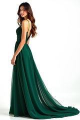 A Linie Dunkelgrünes Spaghettiträger Langes Hochzeitsgastkleid