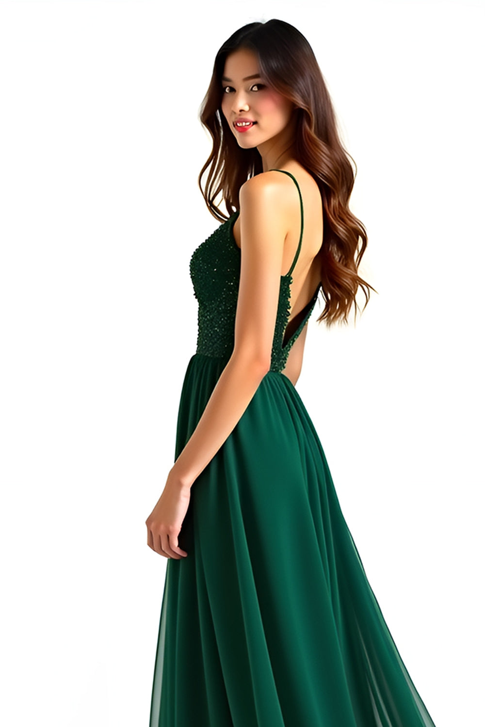 A Linie Dunkelgrünes Spaghettiträger Langes Hochzeitsgastkleid