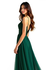 A Linie Dunkelgrünes Spaghettiträger Langes Hochzeitsgastkleid