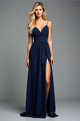 A Linie Marineblaues Spaghettiträger Langes Hochzeitsgastkleid