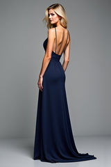A Linie Marineblaues Spaghettiträger Langes Hochzeitsgastkleid