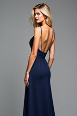 A Linie Marineblaues Spaghettiträger Langes Hochzeitsgastkleid