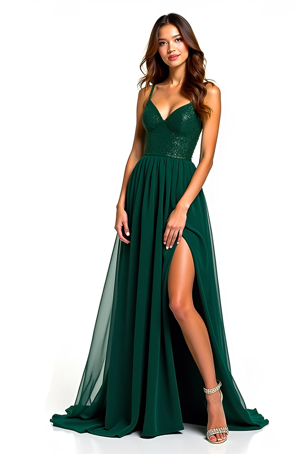 Dunkelgrünes Spaghettiträger A Linie Langes Hochzeitsgastkleid mit Schlitz