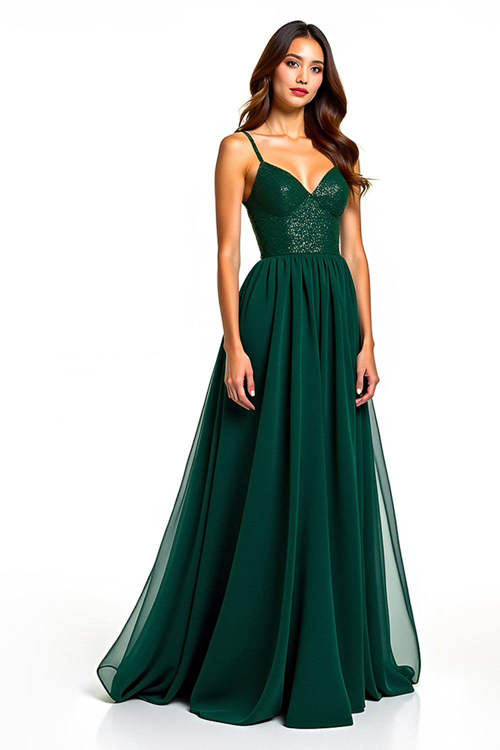 Dunkelgrünes Spaghettiträger A Linie Langes Hochzeitsgastkleid mit Schlitz