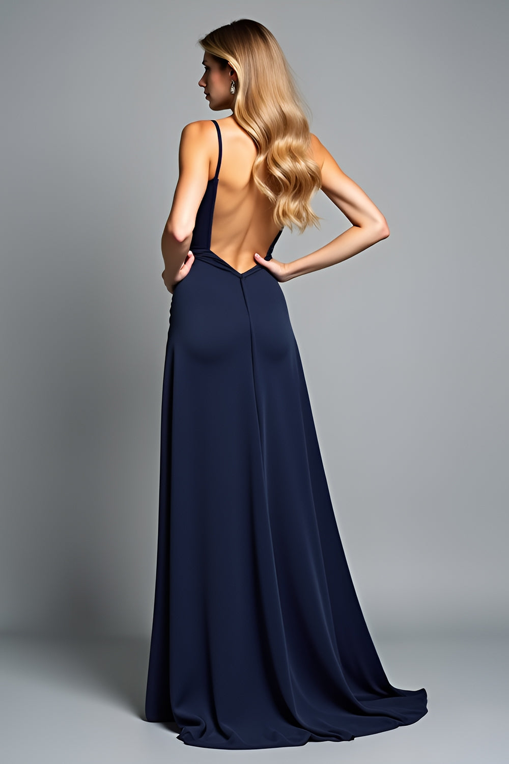 A Linie Marineblaues Spaghettiträger Langes Ballkleid mit Schlitz