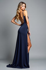 A Linie Marineblaues Spaghettiträger Langes Ballkleid mit Schlitz
