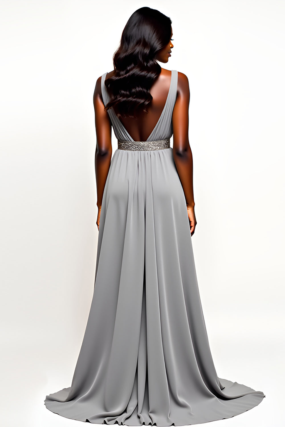 Graues Langes Hochzeitsgastkleid mit offenem Rücken und V-Ausschnitt