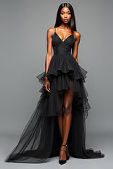 Schwarzes A-Linie Krawatten Ballkleid mit Spaghettiträgern und Rüschen und Schlitz