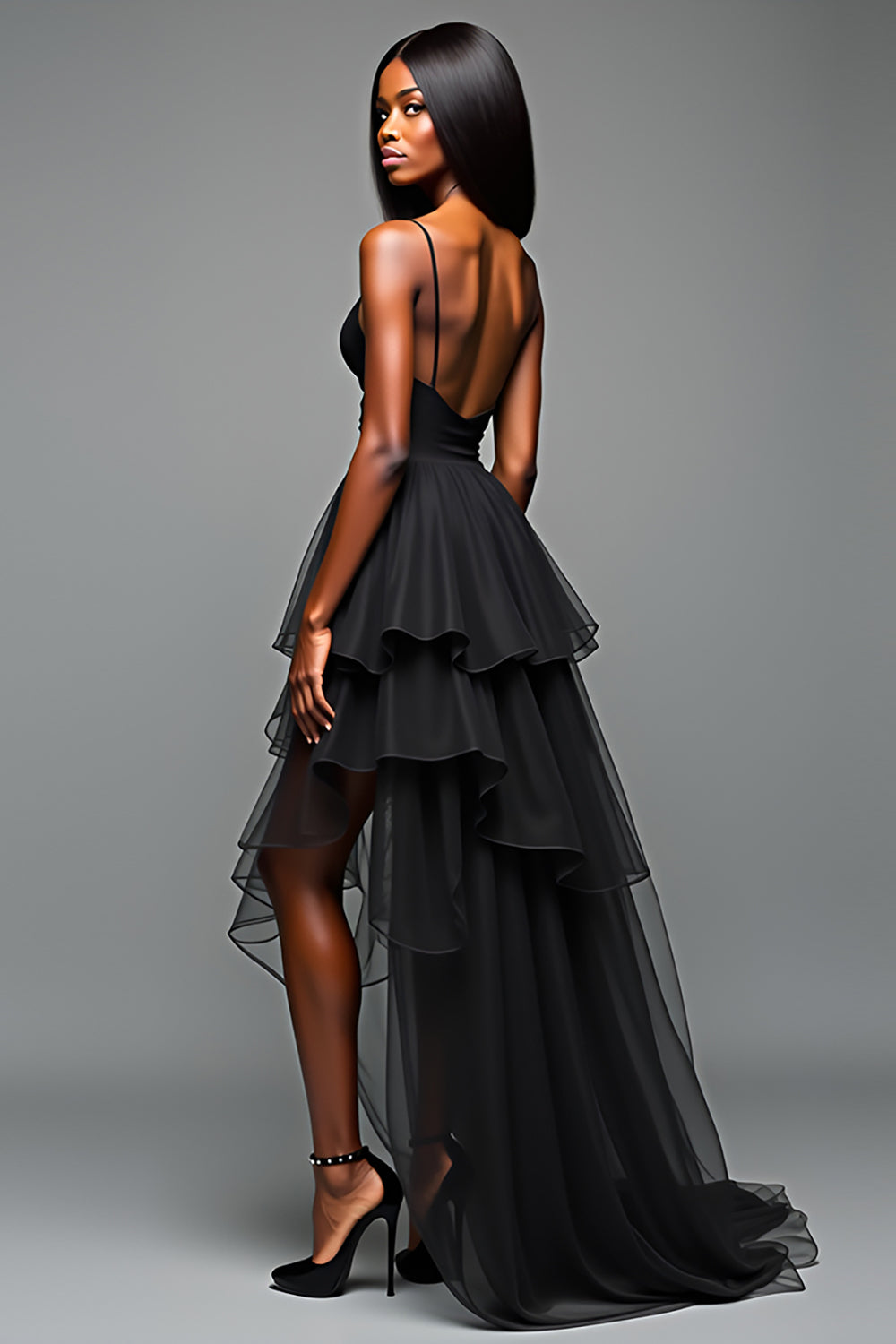Schwarzes A-Linie Krawatten Ballkleid mit Spaghettiträgern und Rüschen und Schlitz
