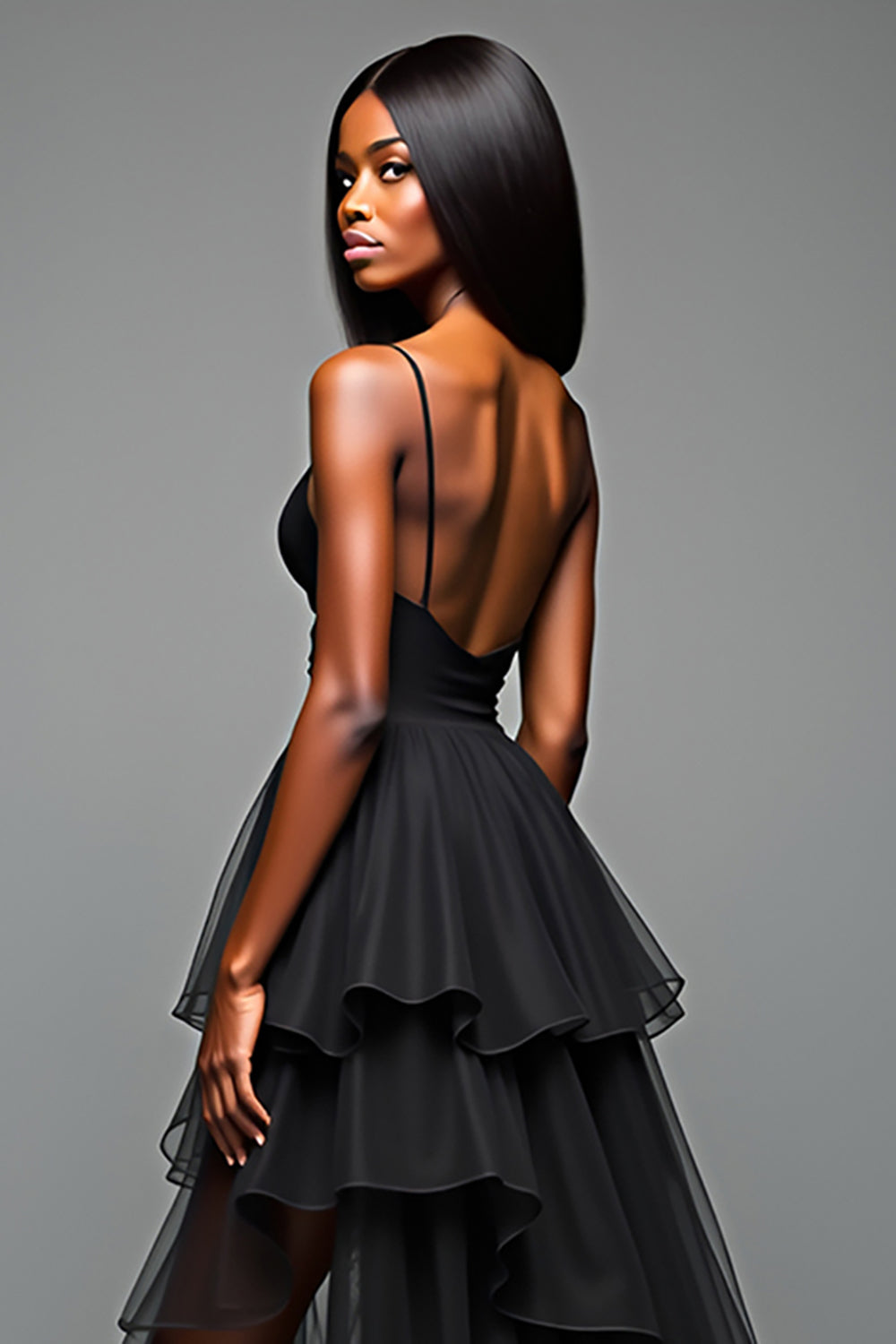Schwarzes A-Linie Krawatten Ballkleid mit Spaghettiträgern und Rüschen und Schlitz