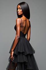 Schwarzes A-Linie Krawatten Ballkleid mit Spaghettiträgern und Rüschen und Schlitz