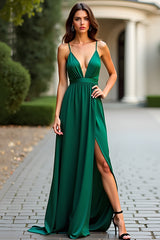 Satin Dunkelgrünes A Linie Spaghettiträger Ballkleid mit Schlitz