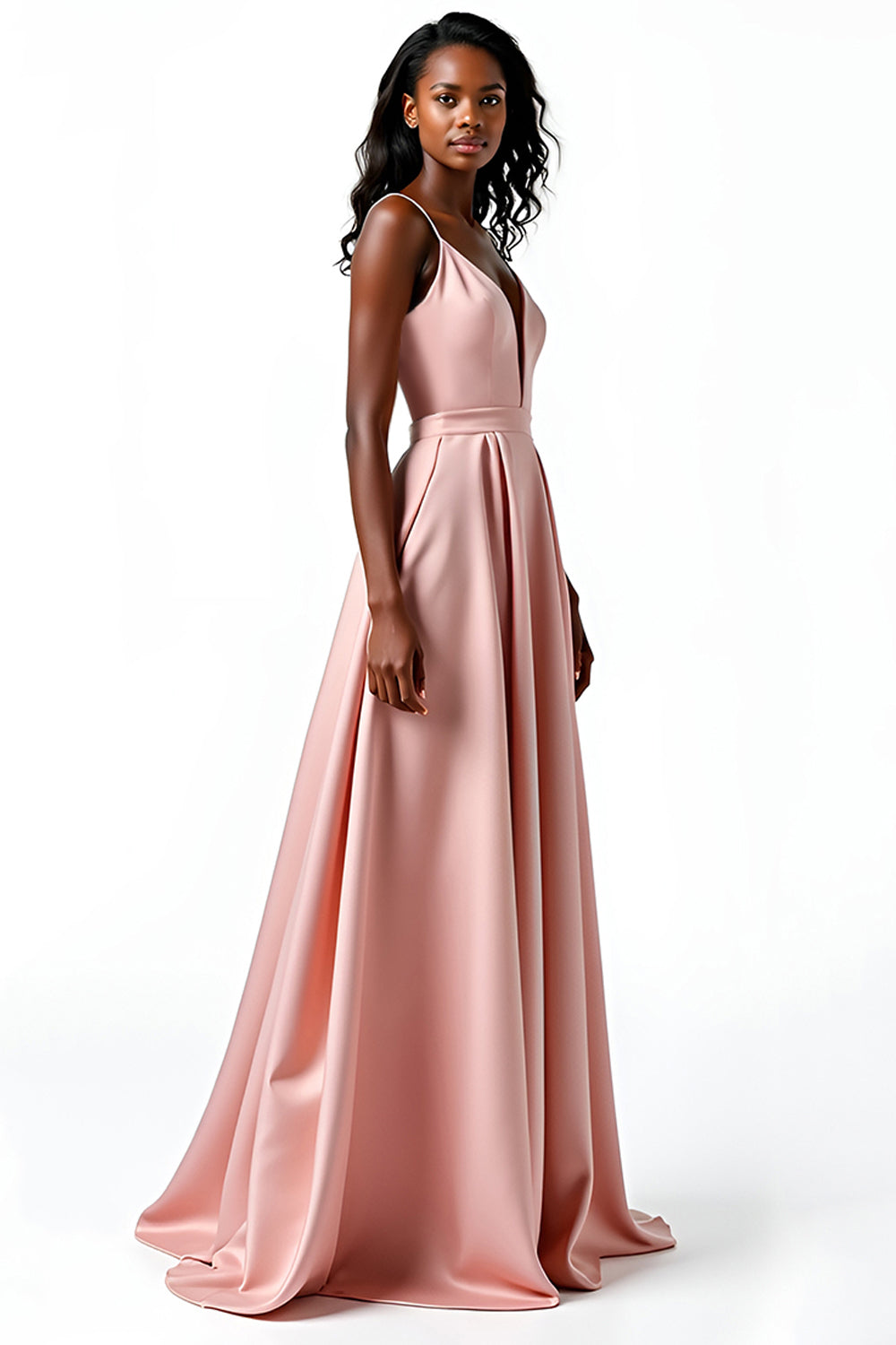 Blush Spaghettiträger Satin A-Linie Langes Hochzeitsgastkleid mit offenem Rücken