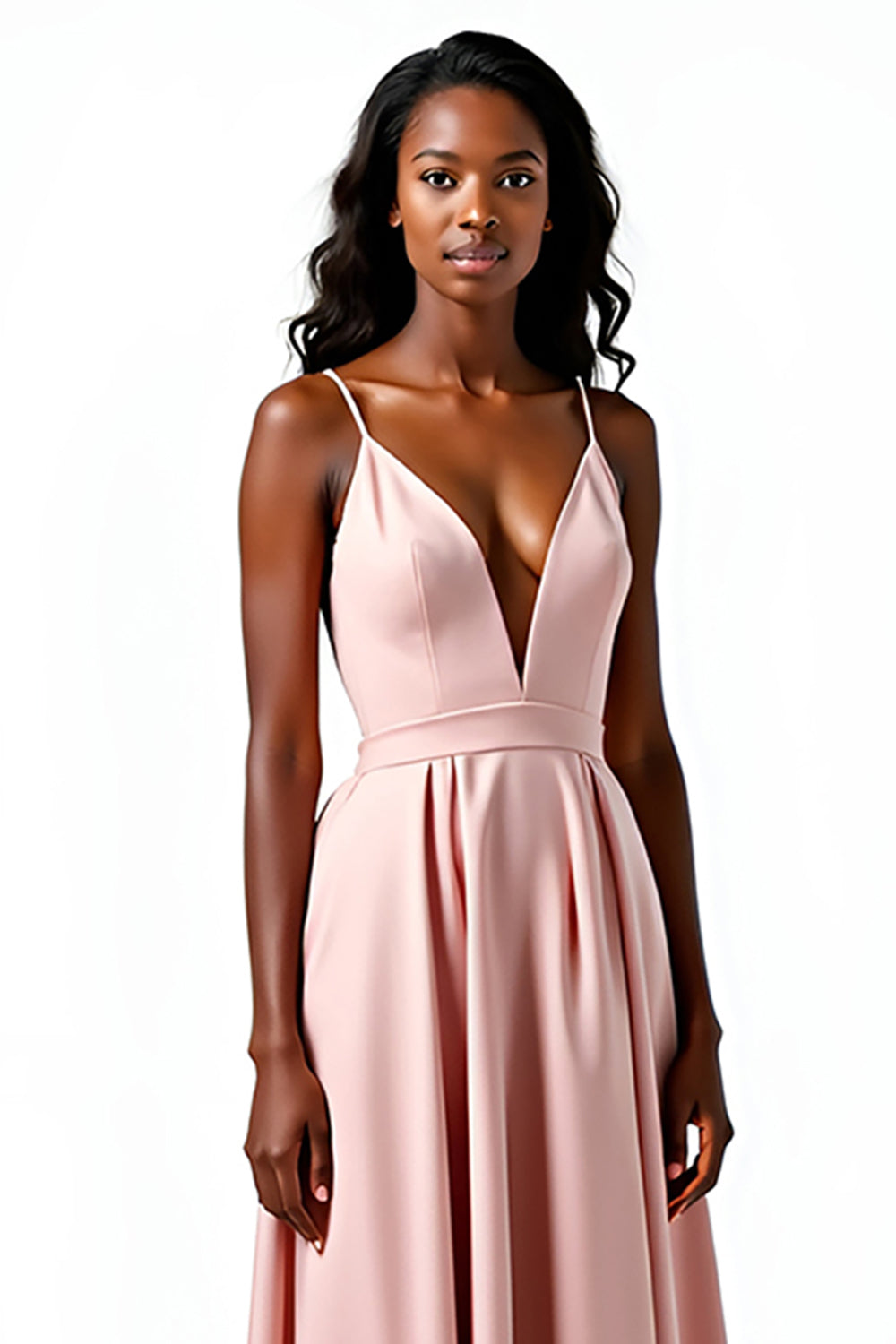 Blush Spaghettiträger Satin A-Linie Langes Hochzeitsgastkleid mit offenem Rücken