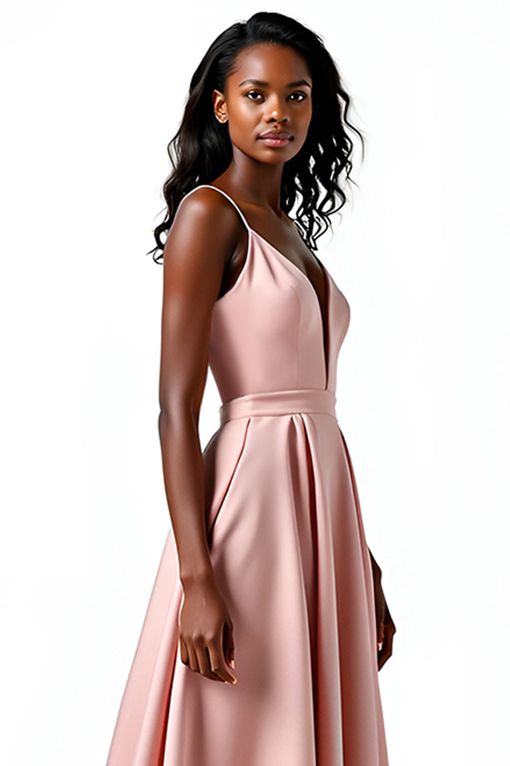 Blush Spaghettiträger Satin A-Linie Langes Hochzeitsgastkleid mit offenem Rücken