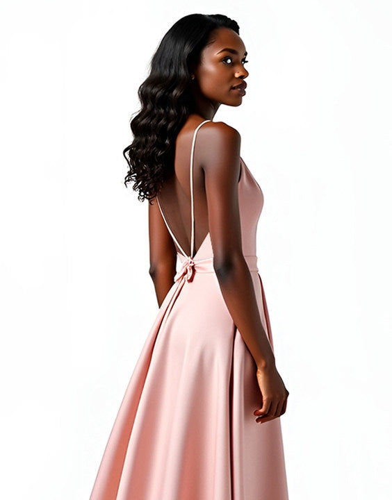 Blush Spaghettiträger Satin A-Linie Langes Hochzeitsgastkleid mit offenem Rücken
