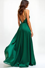 A Linie Dunkelgrünes Spaghettiträger Ballkleid mit Schlitz