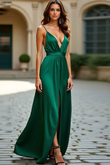 A Linie Dunkelgrünes Spaghettiträger Ballkleid mit Schlitz