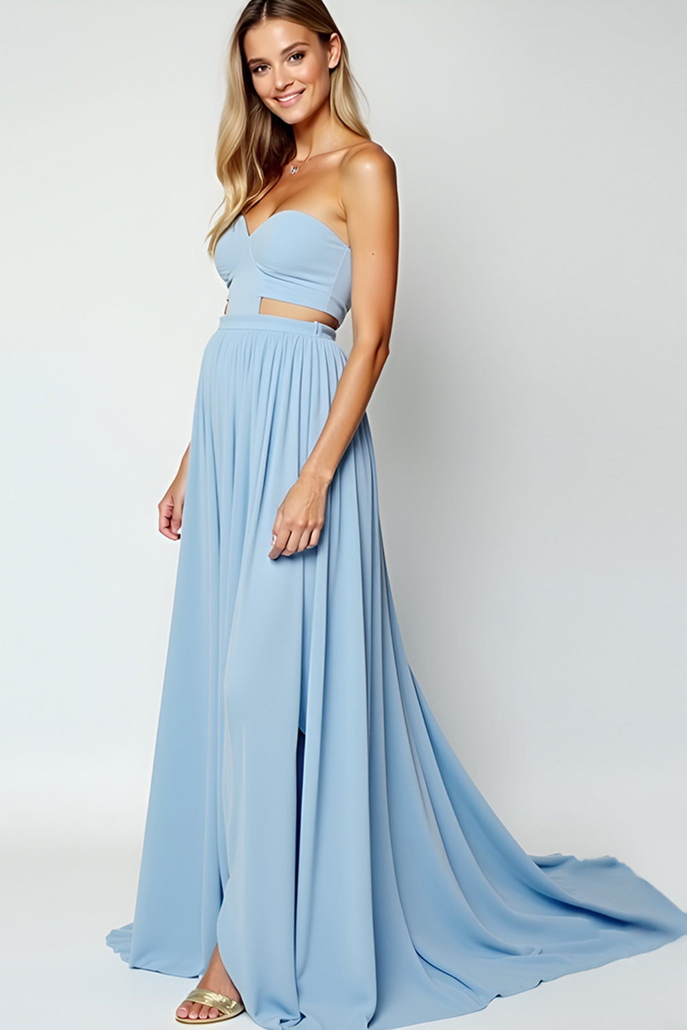 Blaues A-Linie Kleid für Hochzeitsgäste mit Schlitz