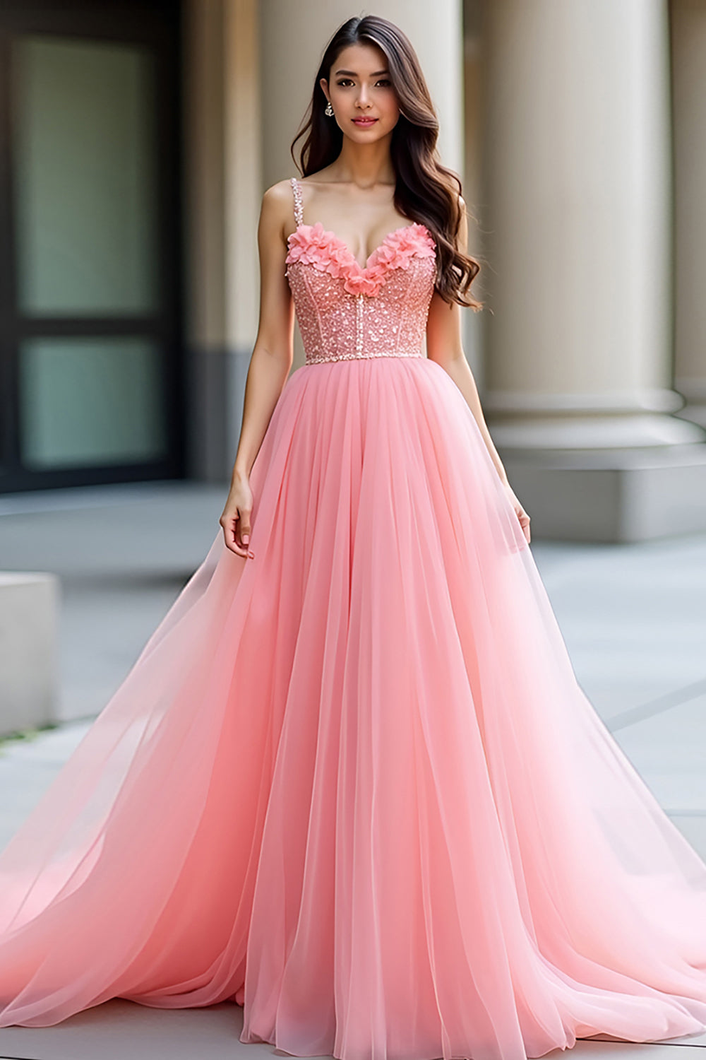 Rosa A-Linie Spaghettiträger Korsett Pailletten Ballkleid