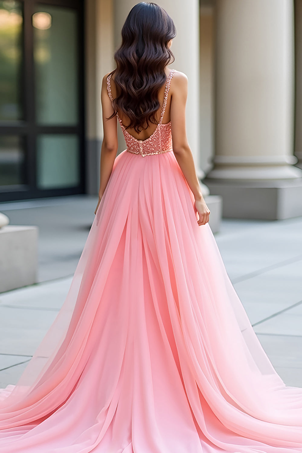 Rosa A-Linie Spaghettiträger Korsett Pailletten Ballkleid