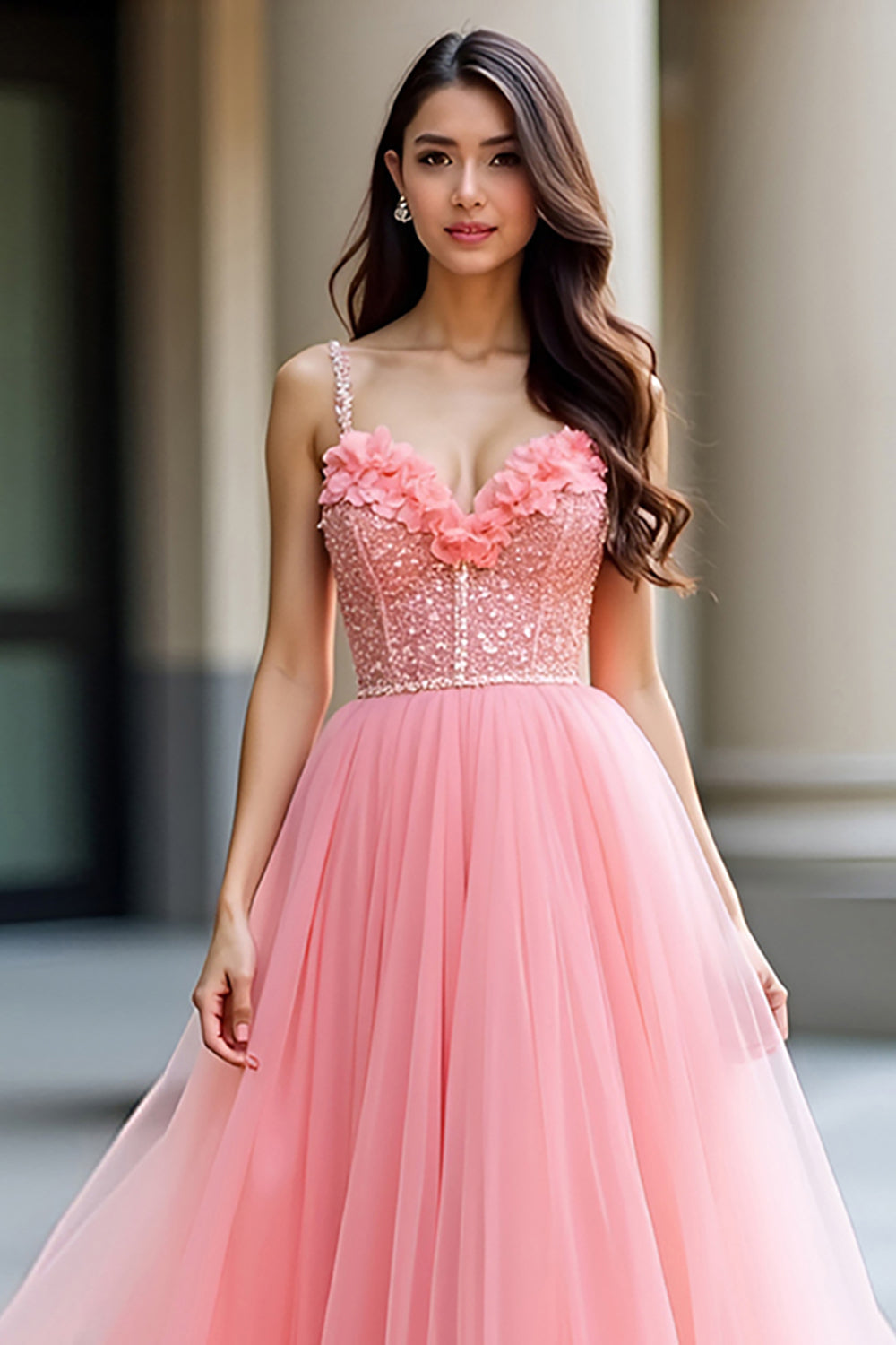 Rosa A-Linie Spaghettiträger Korsett Pailletten Ballkleid