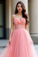 Rosa A-Linie Spaghettiträger Korsett Pailletten Ballkleid