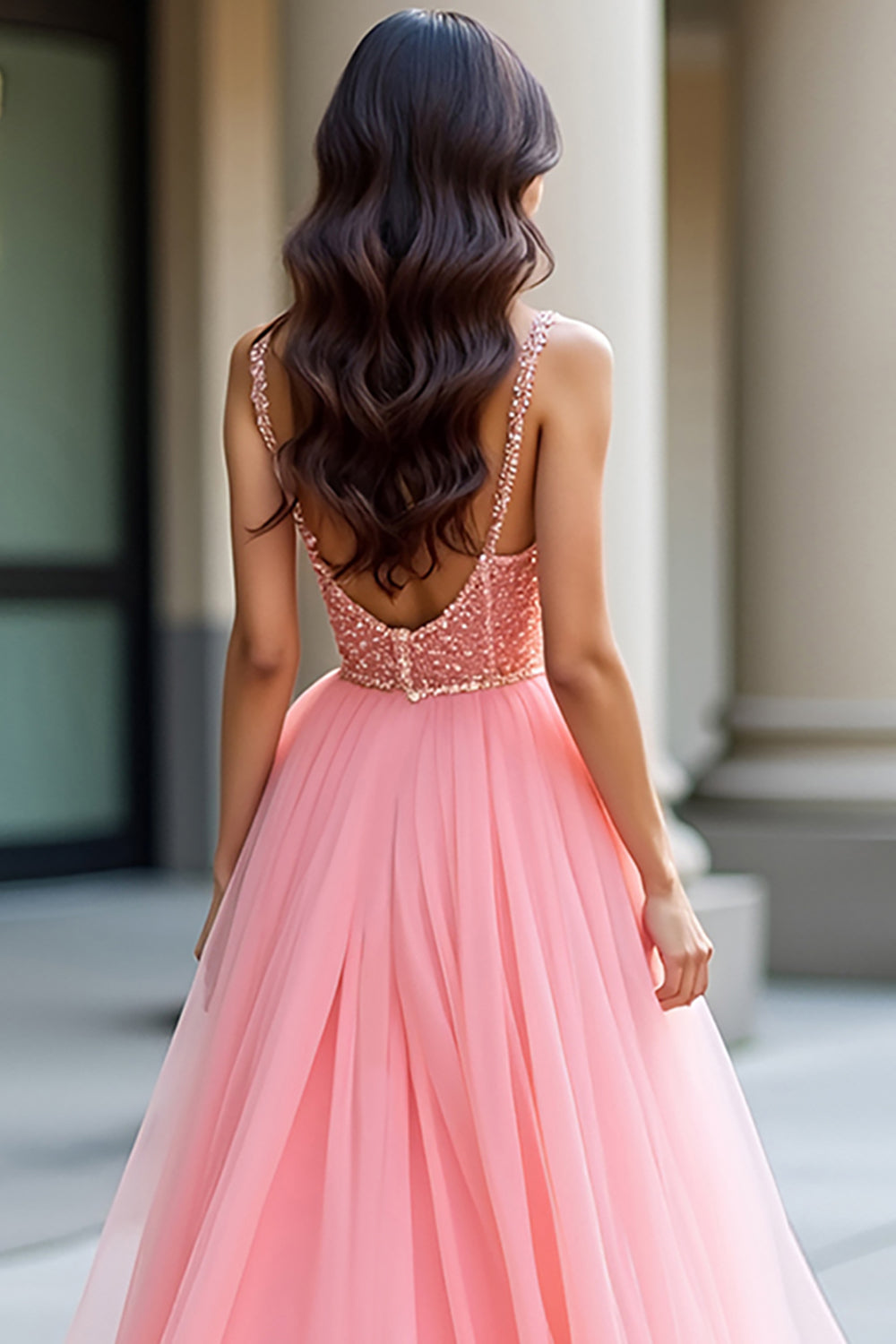 Rosa A-Linie Spaghettiträger Korsett Pailletten Ballkleid