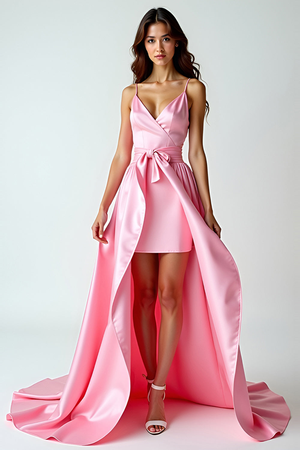 A Linie Rosa Spaghettiträger Langes Ballkleid mit Schleppe