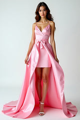 A Linie Rosa Spaghettiträger Langes Ballkleid mit Schleppe
