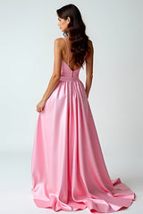 A Linie Rosa Spaghettiträger Langes Ballkleid mit Schleppe