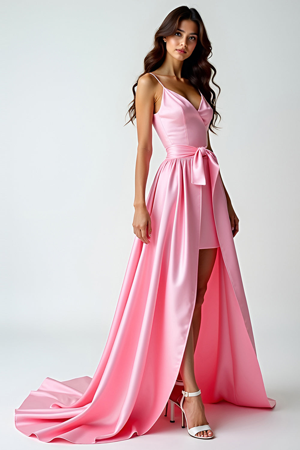 A Linie Rosa Spaghettiträger Langes Ballkleid mit Schleppe