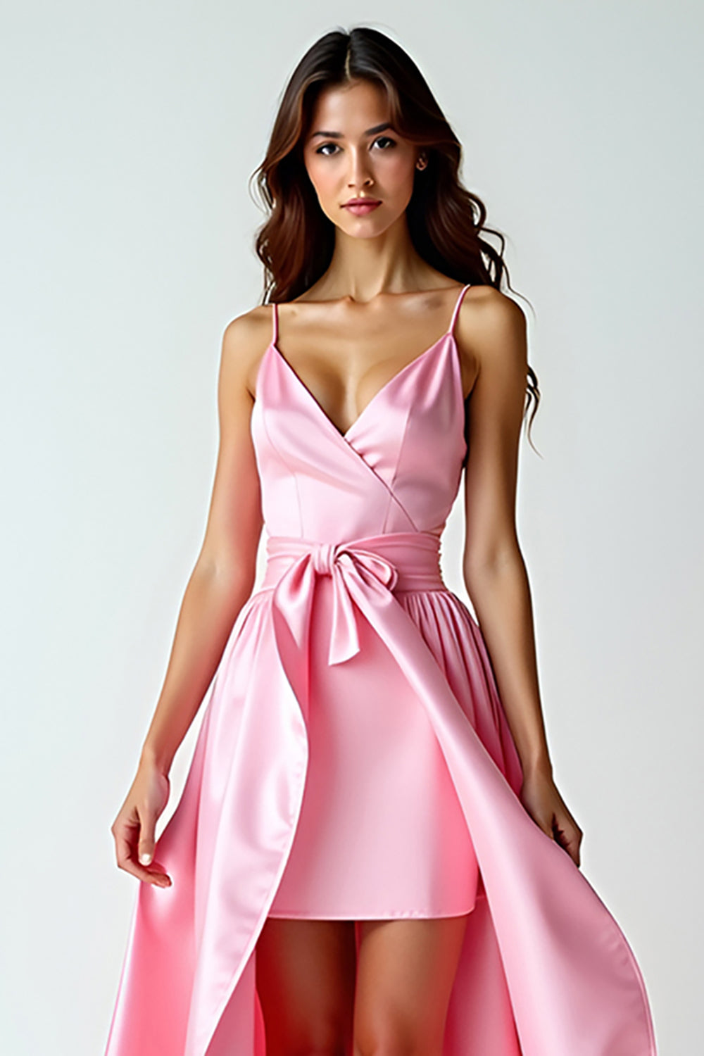 A Linie Rosa Spaghettiträger Langes Ballkleid mit Schleppe