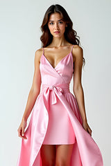 A Linie Rosa Spaghettiträger Langes Ballkleid mit Schleppe