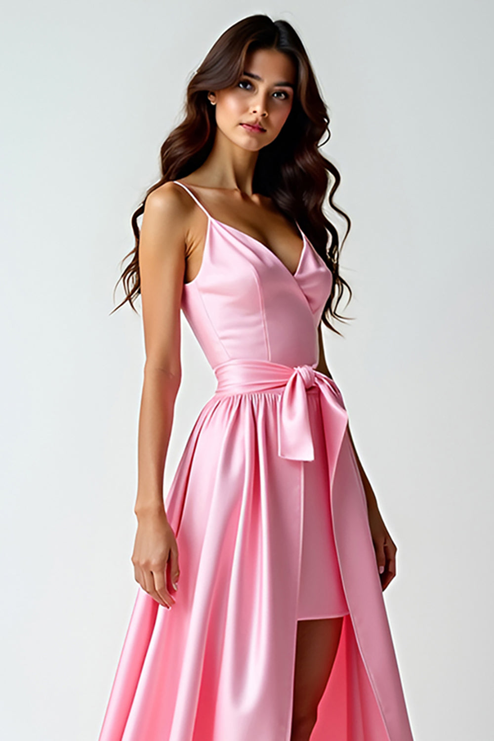 A Linie Rosa Spaghettiträger Langes Ballkleid mit Schleppe