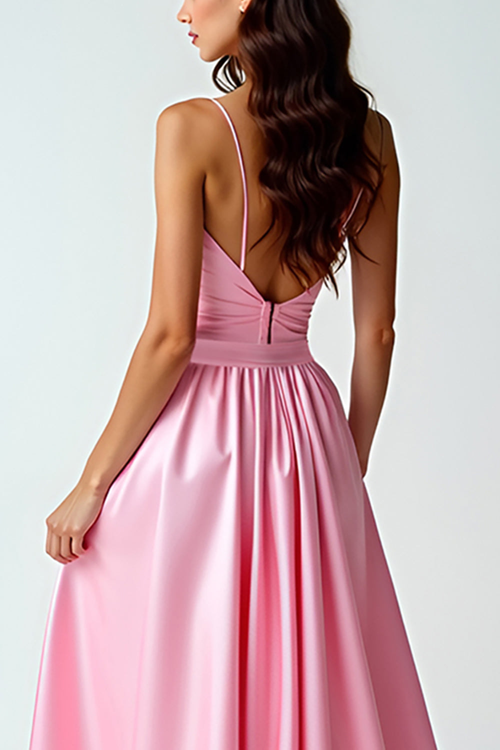 A Linie Rosa Spaghettiträger Langes Ballkleid mit Schleppe