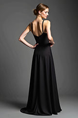 A Linie Spaghettiträger Schwarzes Satin Ballkleid